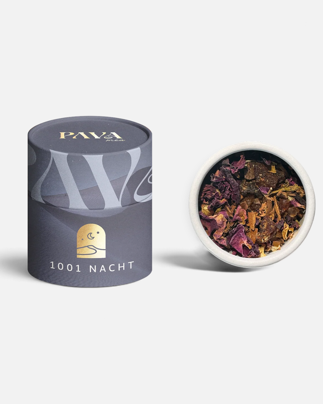 greenyogashop 1001 Nacht Räuchermischung mit Vanille, Myrrhe und Sandelholz in einer runden grauen Dose
