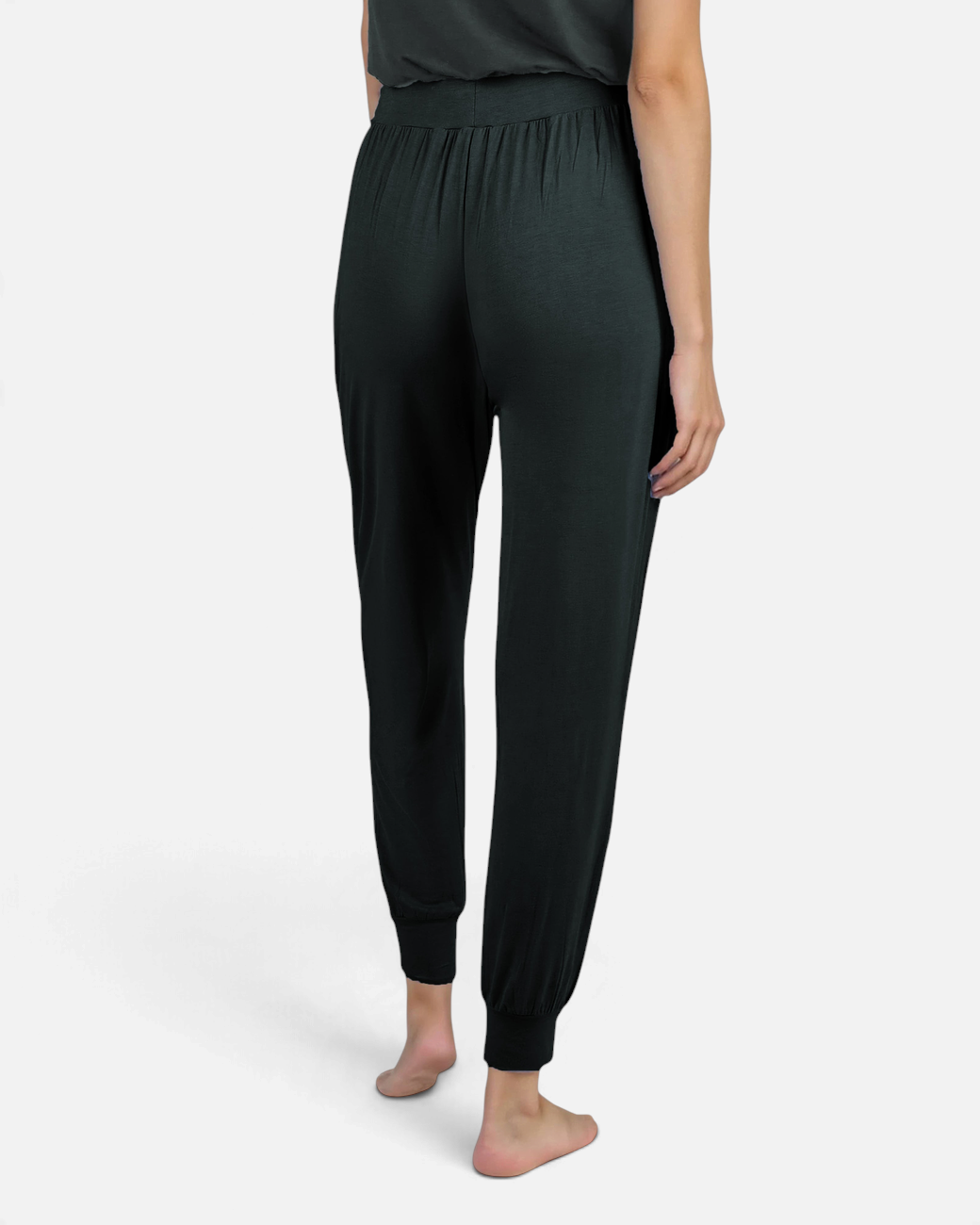 greenyogashop Long Pants Wide Leg in Dunkelgrün aus weicher Bambusviskose mit elastischem Bund und Bündchen
