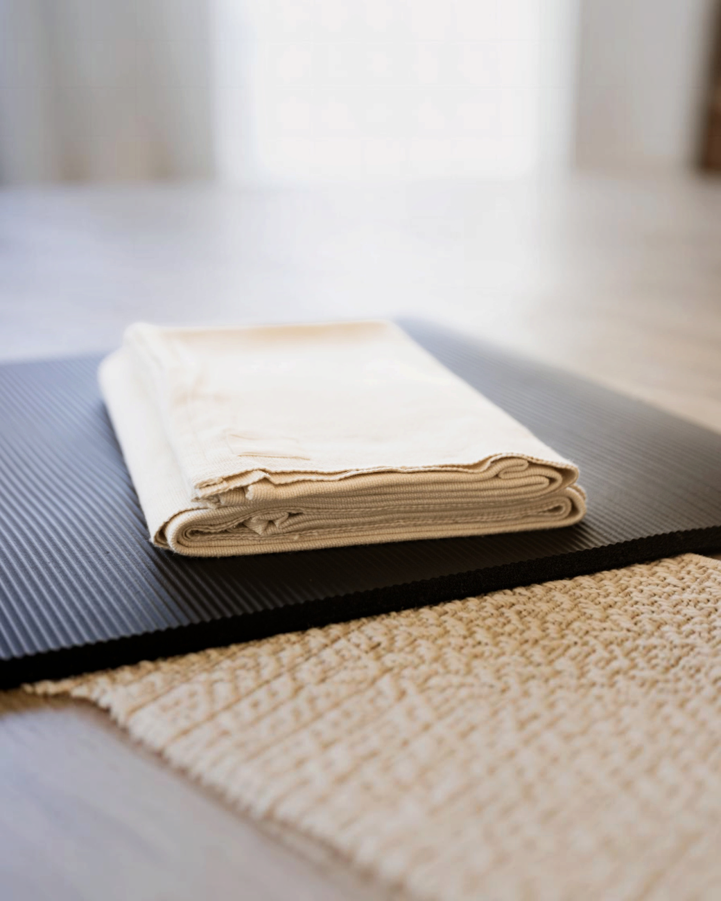 greenyogashop Everyday Blanket aus naturfarbener Baumwolle, gefaltet auf einer schwarzen Yogamatte