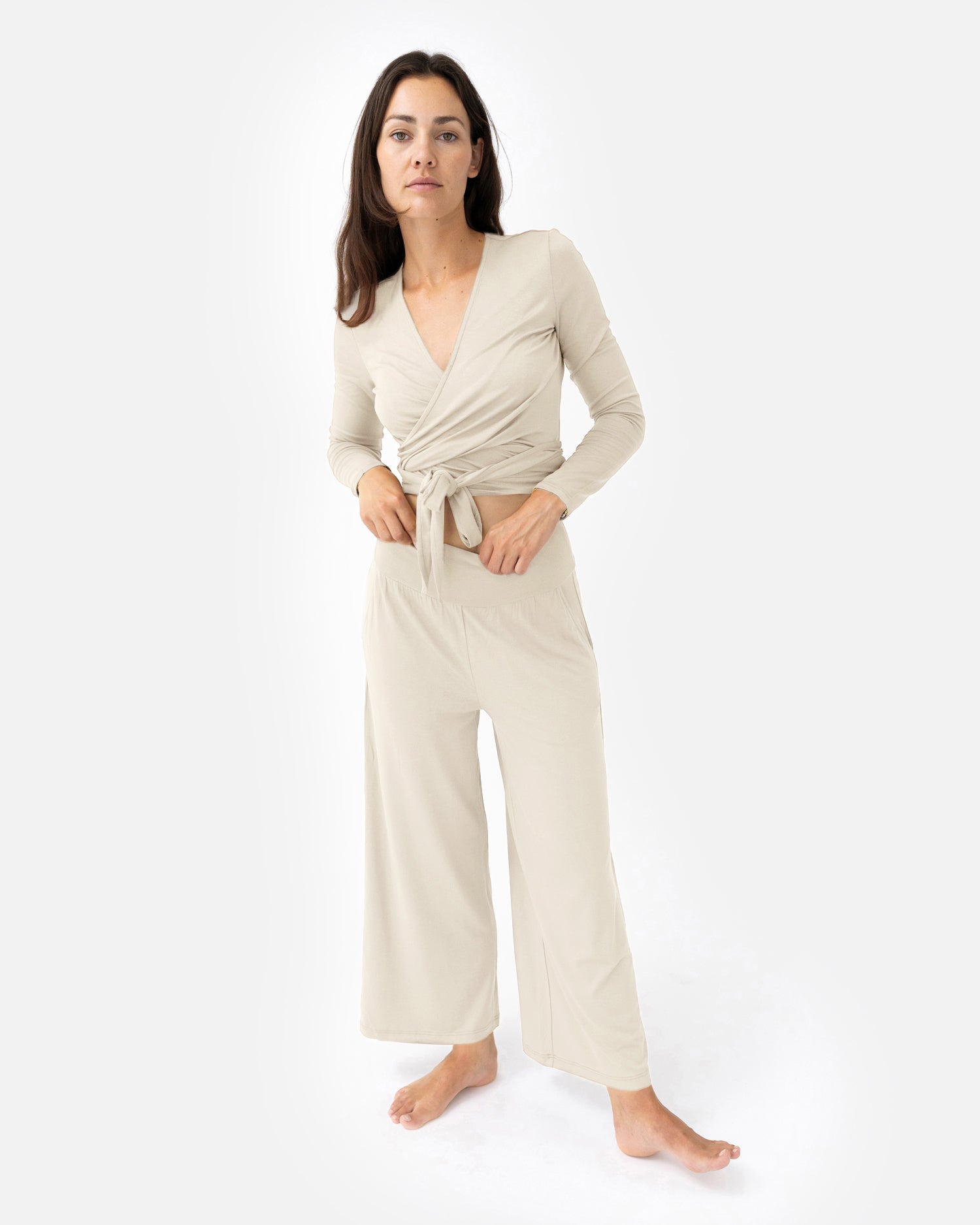 Amina Wrap Top Almond Milk – Model Full Shot – Lotuscrafts