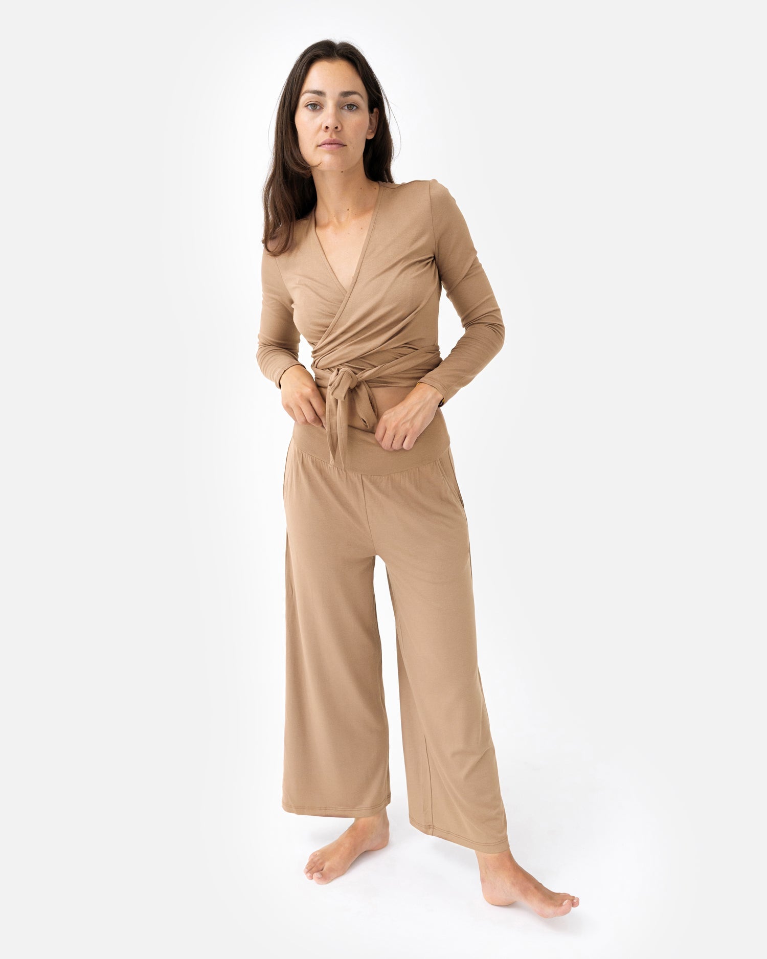 Amina Wrap Top Desert Sand – Model Full Shot – Lotuscrafts
