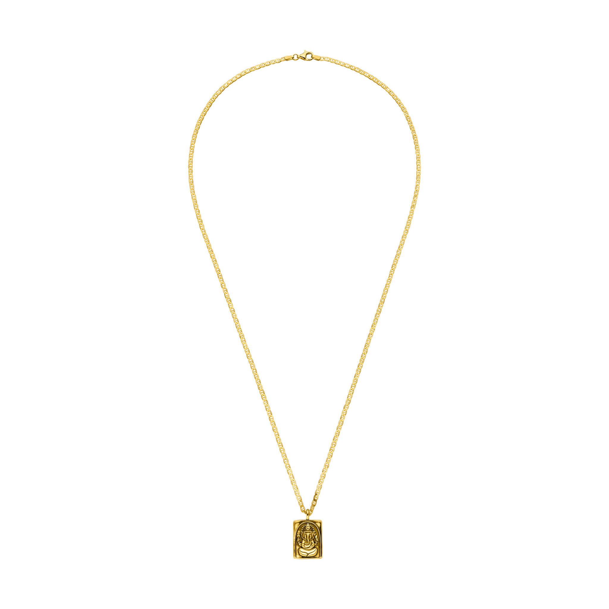 Kraftvolle Ganesha-Kette aus Sterlingsilber vergoldet, zum Teil recycled mit beidseitigem Amulett & Mantra. Für Vertrauen, Stärke & Optimismus. Länge 60-70 cm.