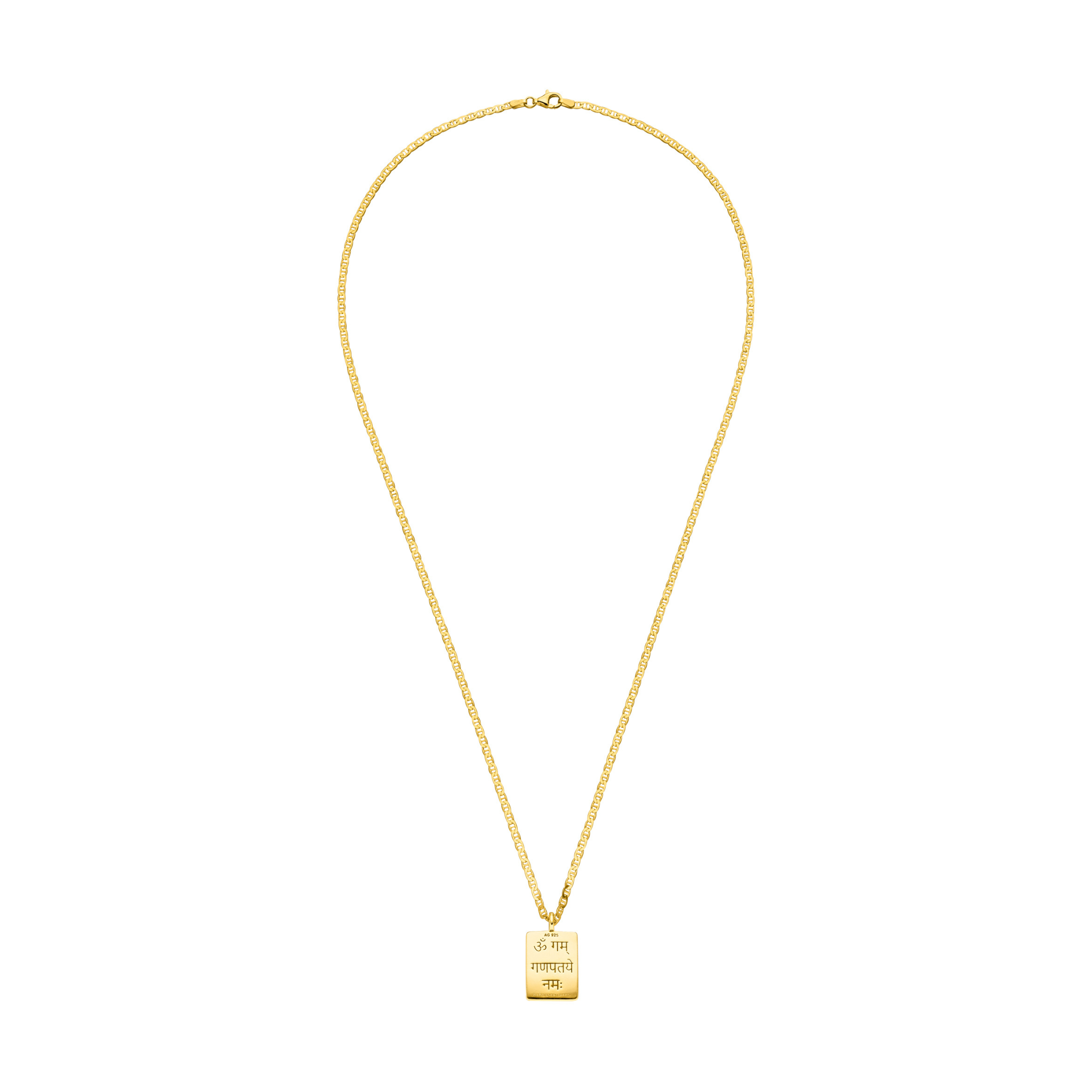 Kraftvolle Ganesha-Kette aus Sterlingsilber vergoldet, zum Teil recycled mit beidseitigem Amulett & Mantra. Für Vertrauen, Stärke & Optimismus. Länge 60-70 cm.