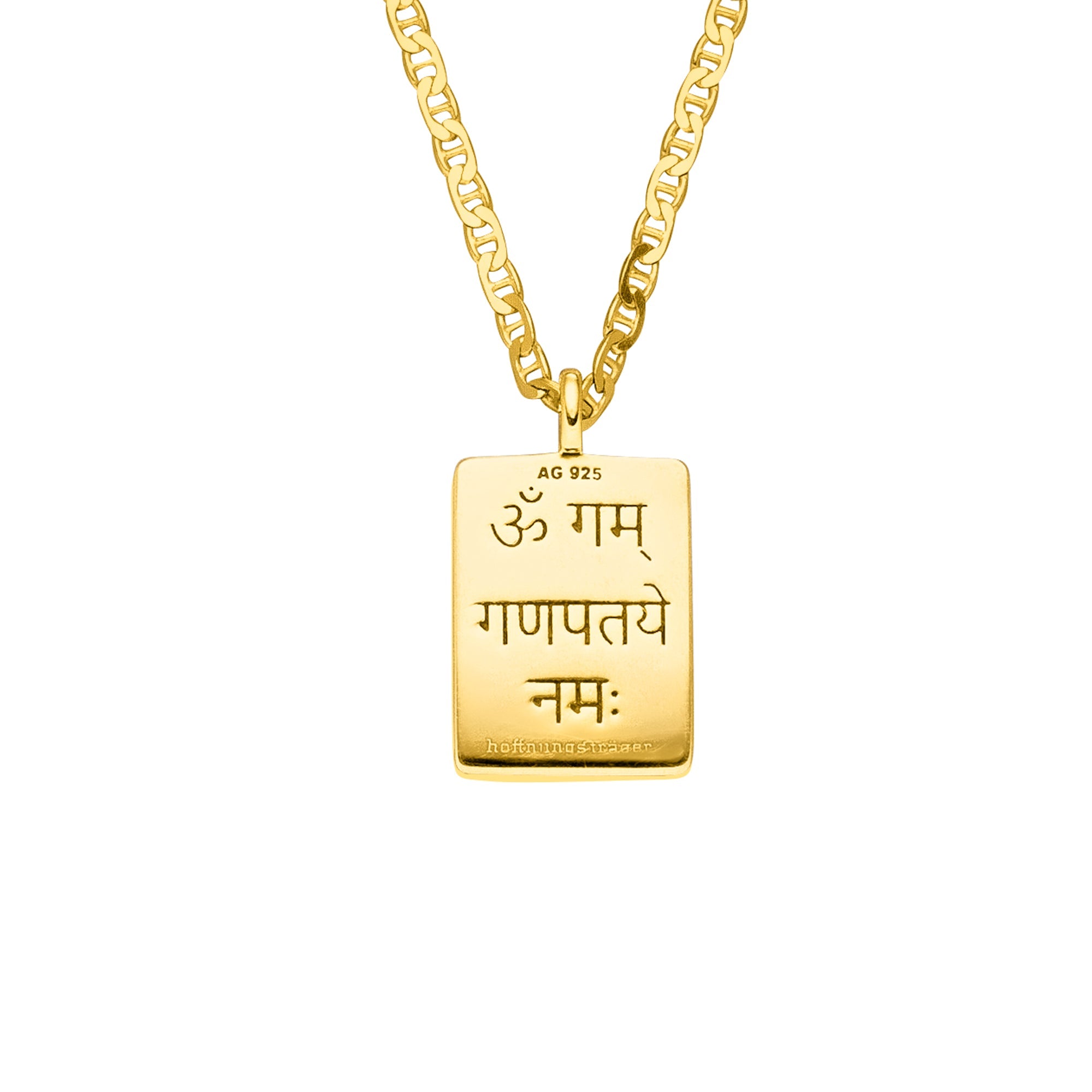 Kraftvolle Ganesha-Kette aus Sterlingsilber vergoldet, zum Teil recycled mit beidseitigem Amulett & Mantra. Für Vertrauen, Stärke & Optimismus. Länge 60-70 cm.
