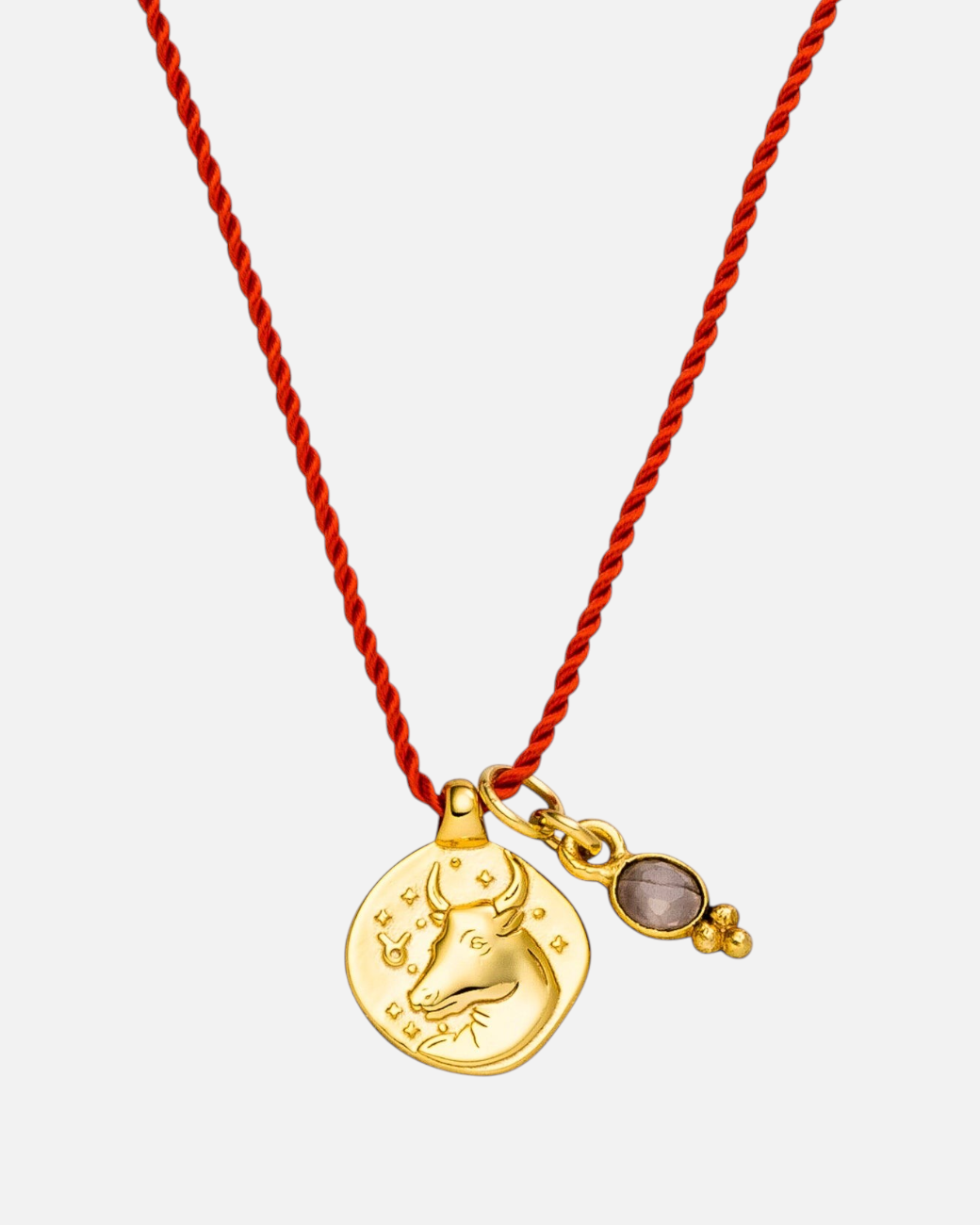 greenyogashop Sternzeichen Kette Stier aus vergoldetem Sterlingsilber mit roter Schnur und Rosenquarz Anhänger