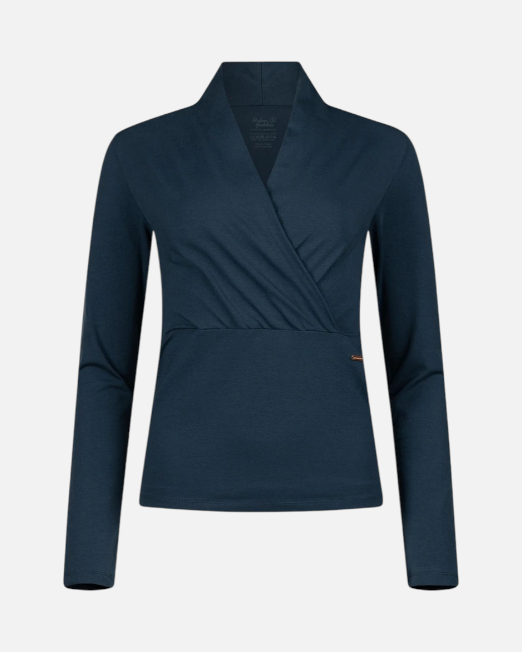 greenyogashop Ishtar Langarmshirt in Orion Blau mit V-Ausschnitt, hohem Kragen und Daumenlöchern aus Bio-Baumwolle