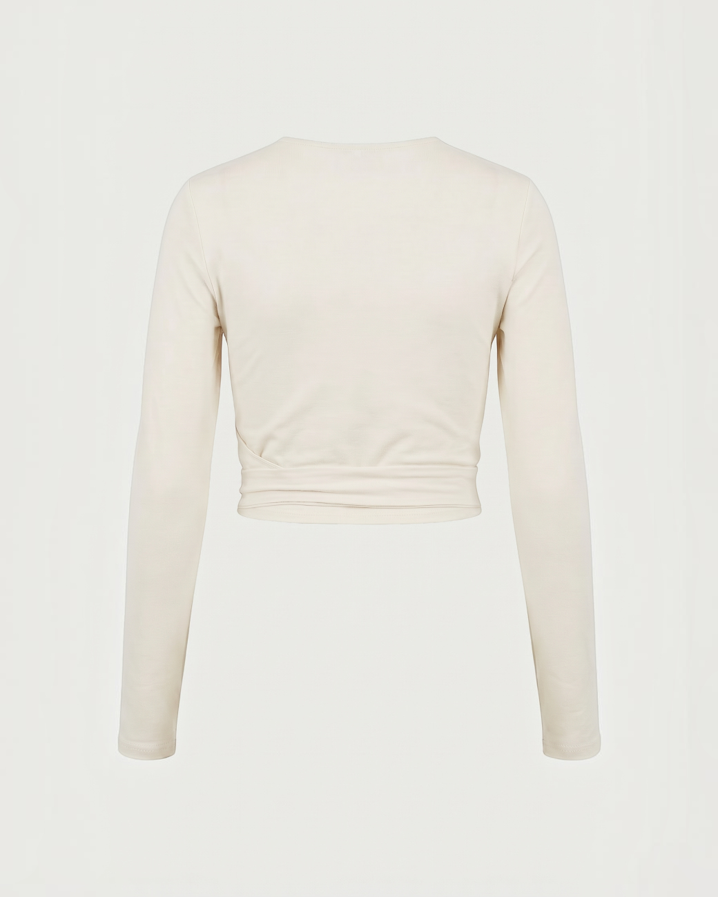 greenyogashop Amina Wickeltop in Beige mit langen Ärmeln und Bindedetail, Rückansicht
