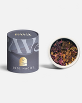 greenyogashop 1001 Nacht Räuchermischung mit Vanille, Myrrhe und Sandelholz in einer runden grauen Dose
