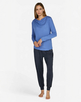 greenyogashop Longsleeve Waterfall in Queen Blue aus weichem Bambus-Viskose-Mix mit elegantem Wasserfall-Ausschnitt