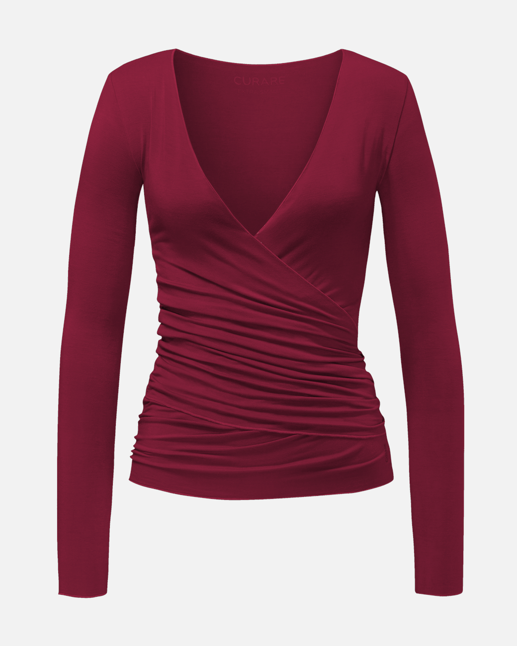 greenyogashop Wickeljacke in Bordeaux aus weichem Bambus-Viskose-Mix mit langem Arm und eleganter Raffung