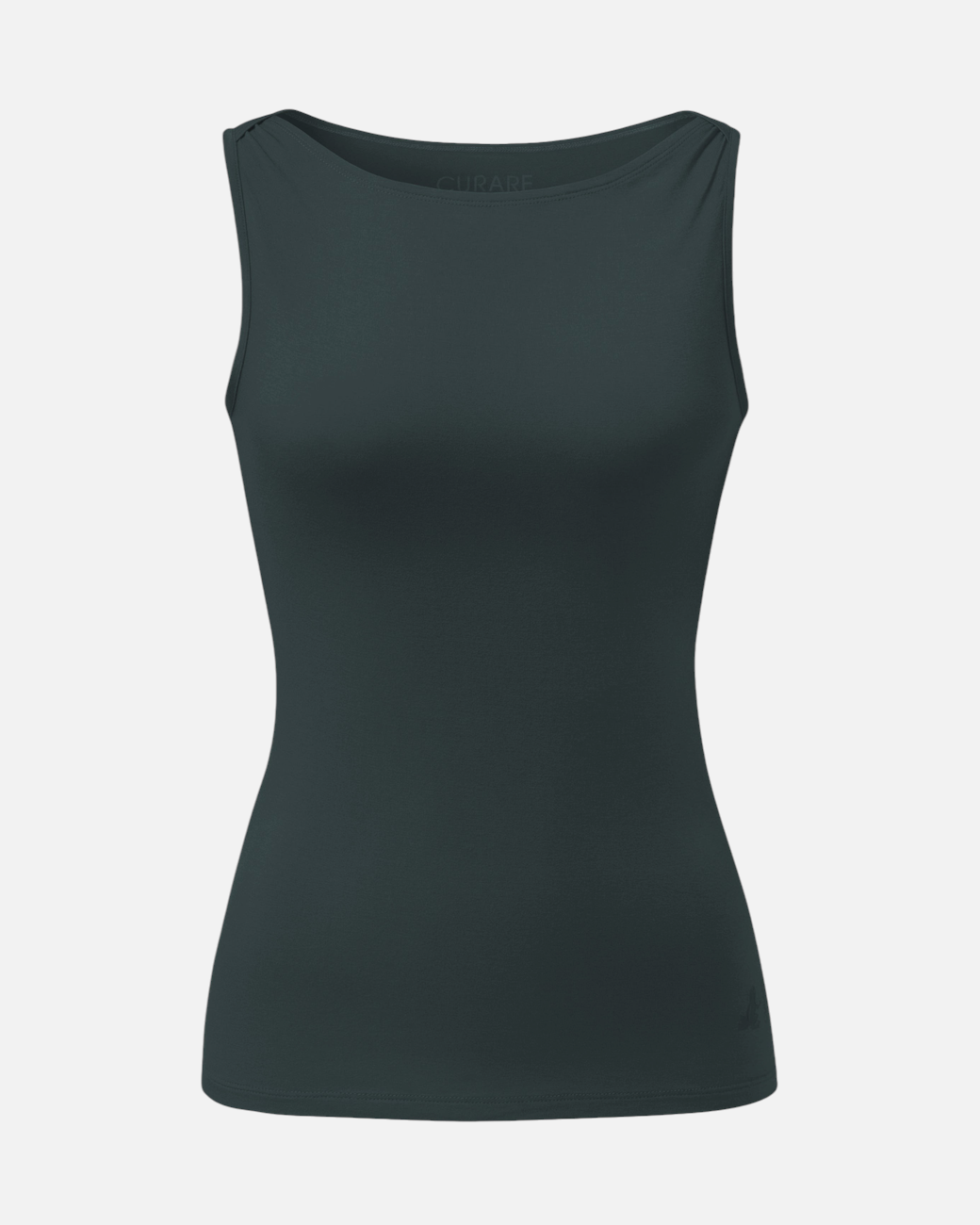 greenyogashop ärmelloses Damen-Top in Dunkelgrün mit U-Boot-Ausschnitt und raffinierten Falten an der Schulter