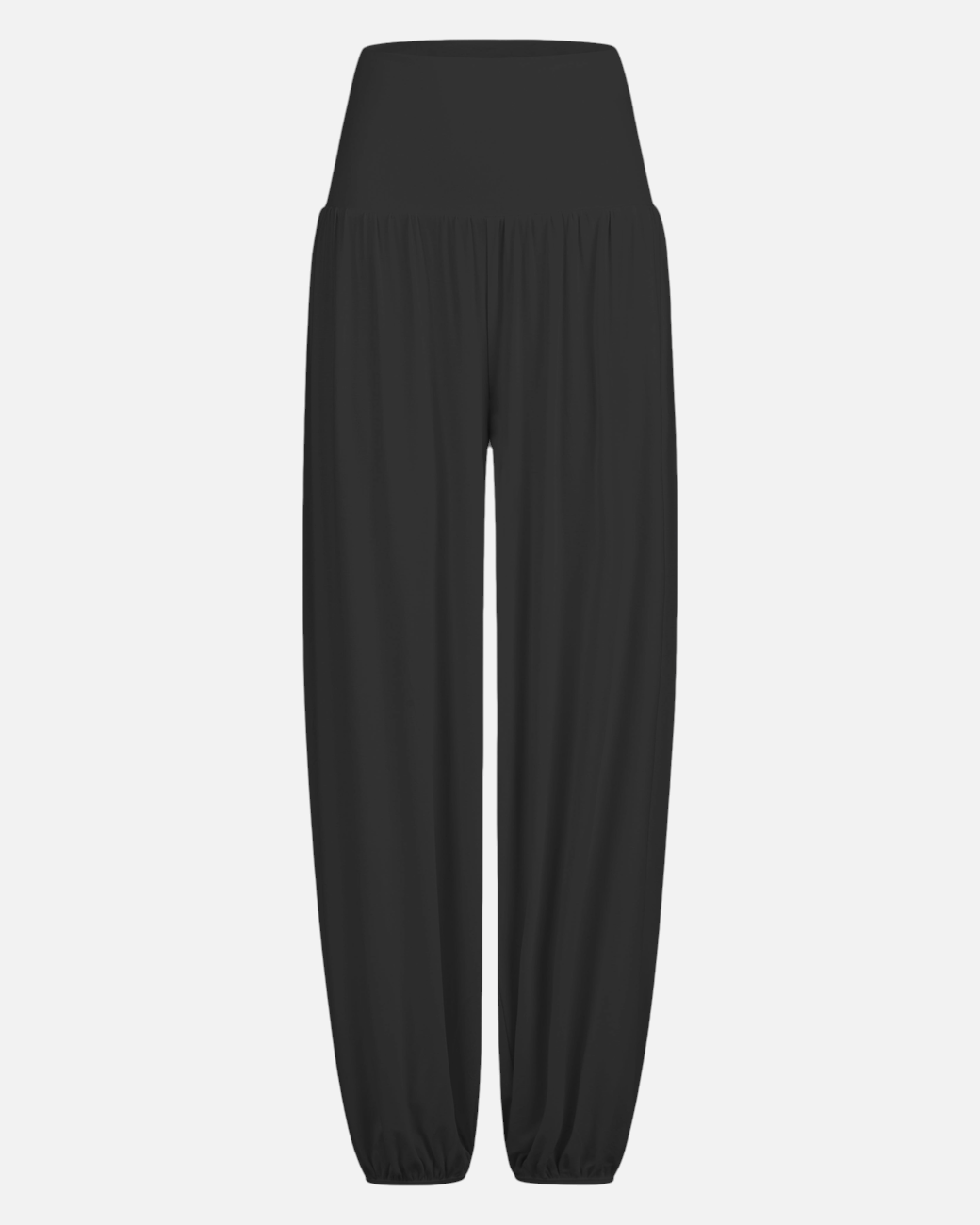 Schwarze greenyogashop Wide Pants aus Bambusviskose mit elastischem Bund, Tunnelzug und Bündchen am Bein