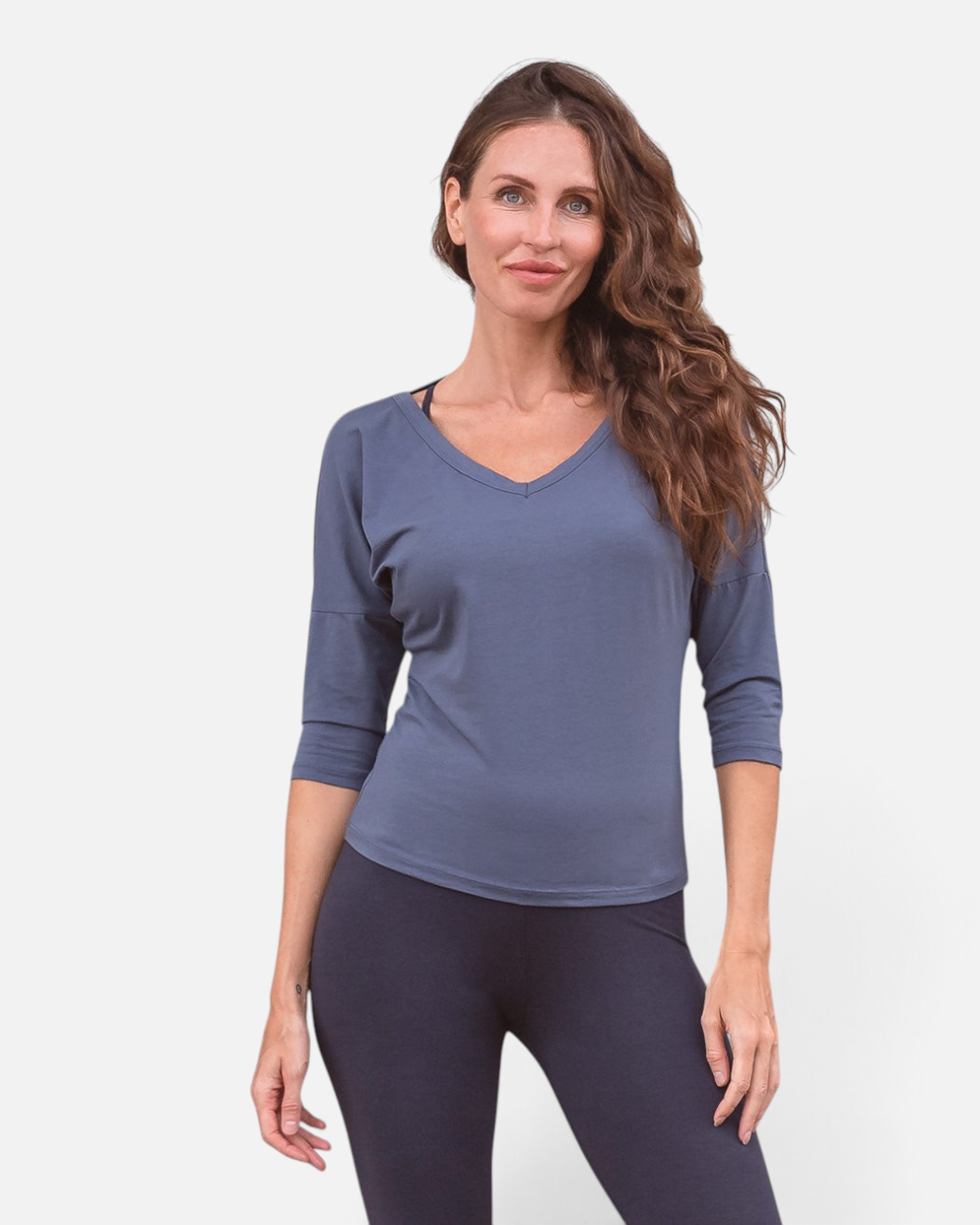 greenyogashop 3/4 Arm Shirt Chantal in Blau-Grau aus Bio-Baumwolle mit entspanntem Schnitt und V-Ausschnitt