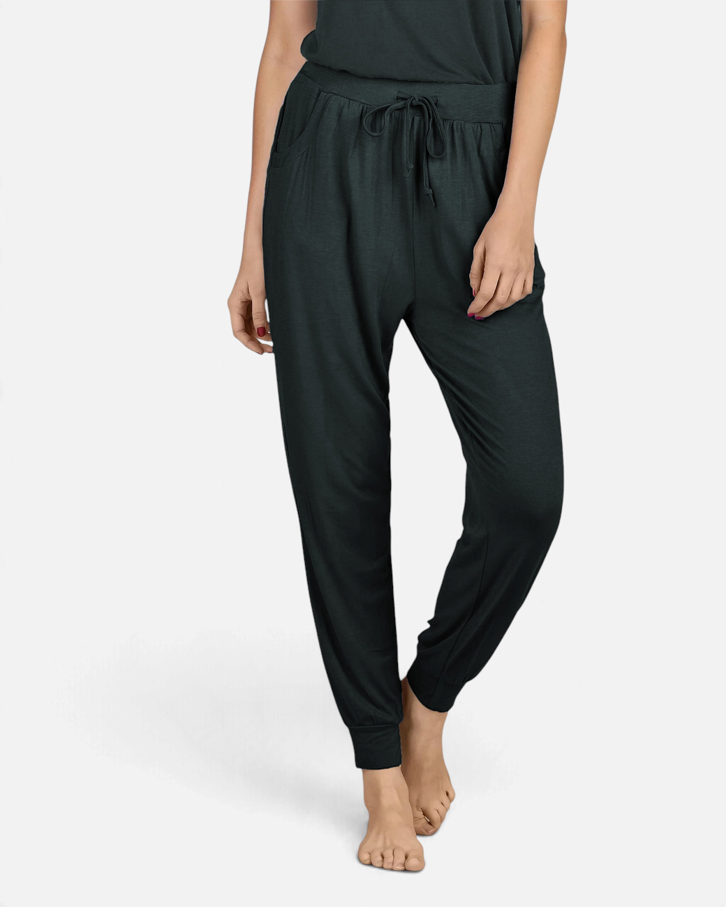 greenyogashop Long Pants Wide Leg in Dunkelgrün aus weicher Bambusviskose mit elastischem Bund und Seitentaschen