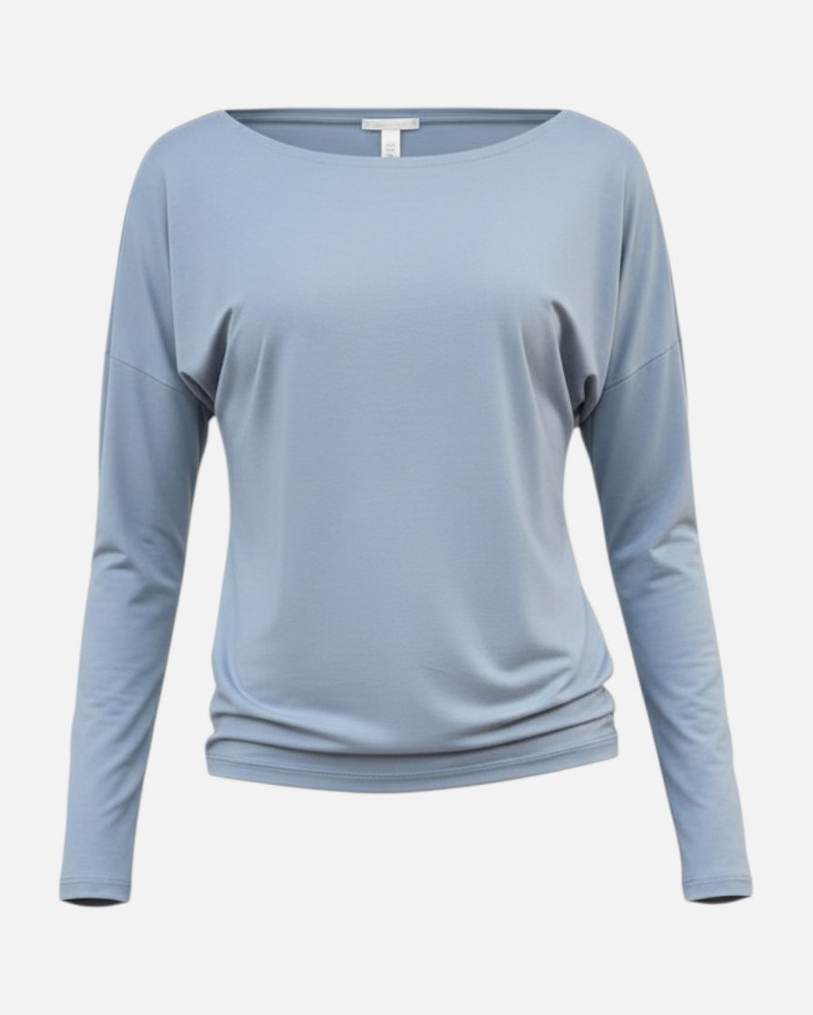 greenyogashop Longsleeve Pia in Washed Denim aus Tencel-Biobaumwoll-Mix mit U-Boot-Ausschnitt und lockerem Schnitt