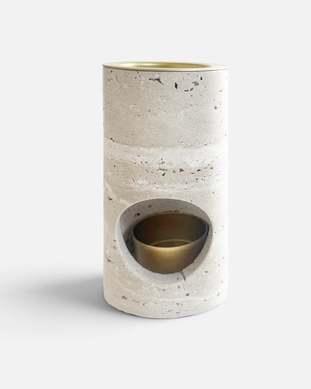greenyogashop PAVA AROMA Duftlampe aus beigem Travertin mit goldenem Messingeinsatz in zylindrischer Form