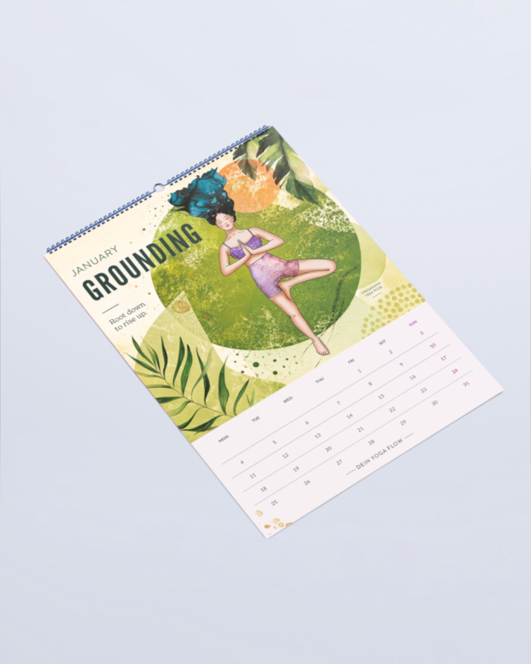 greenyogashop Yoga-Kalender 2027 mit illustrierter Januar-Seite, die eine Frau in Baum-Pose zeigt
