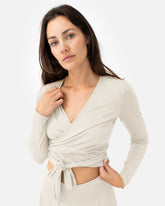 Amina Wrap Top Almond Milk – Model Front – Lotuscrafts
