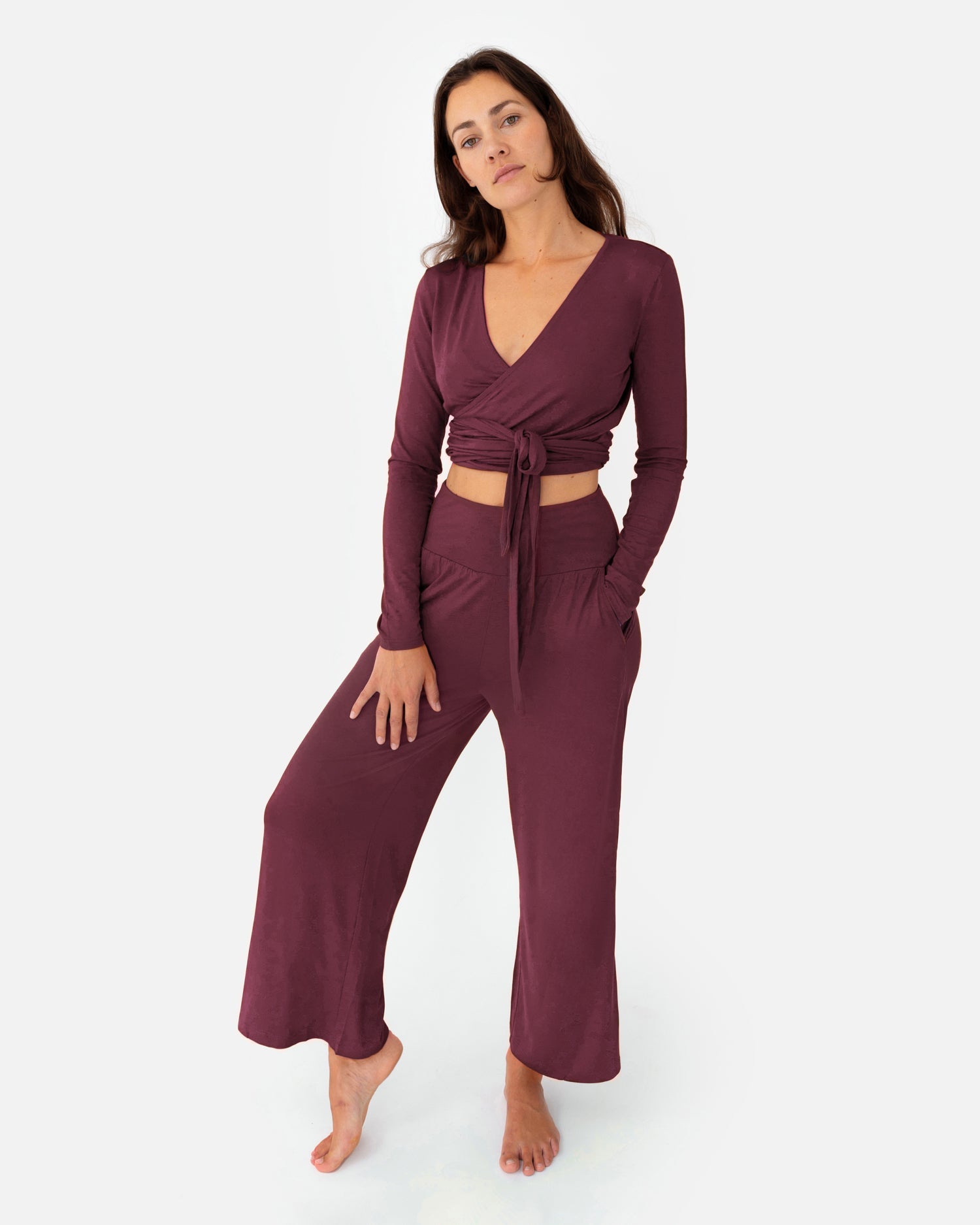 Amina Wrap Top Dark Cranberry – Model Full Shot – Lotuscrafts