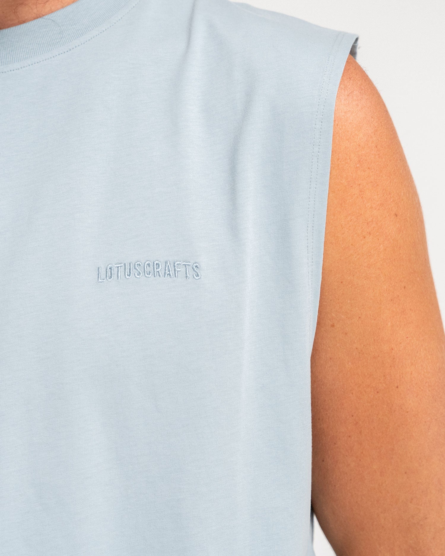 Stone Blue - Yoga Tank Top Model Shot Detail Logo Lotuscrafts