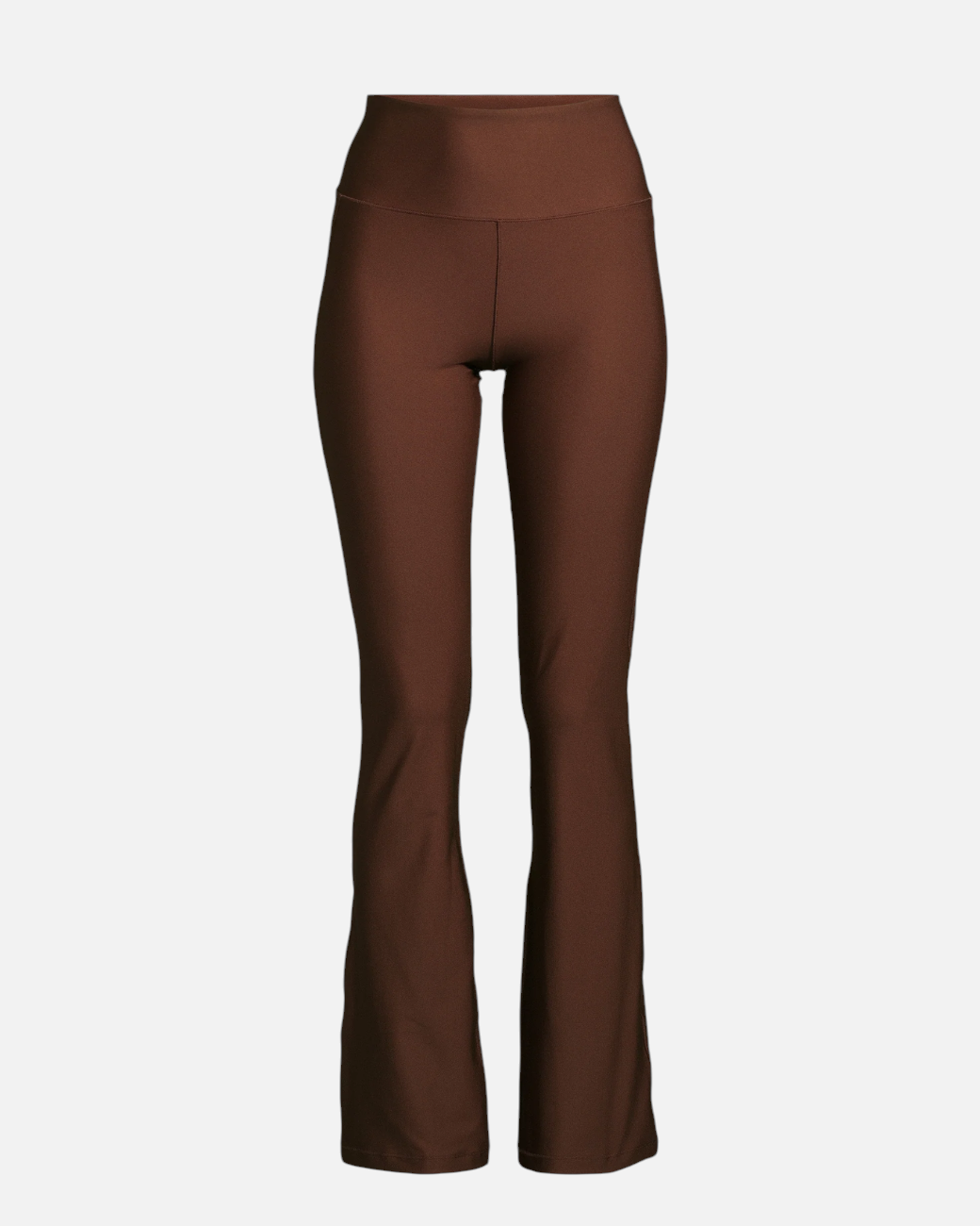 greenyogashop Flare High Waist Hose in Dunkelbraun aus elastischem Toning Touch Material mit ausgestelltem Bein