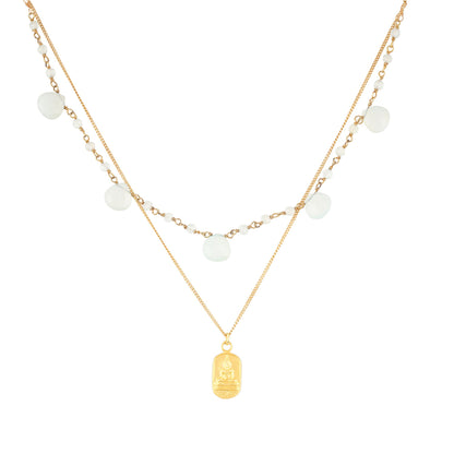 Layering Kette aus Choker Kette mit Amazonit Edelsteinein und goldene Buddha Kette.