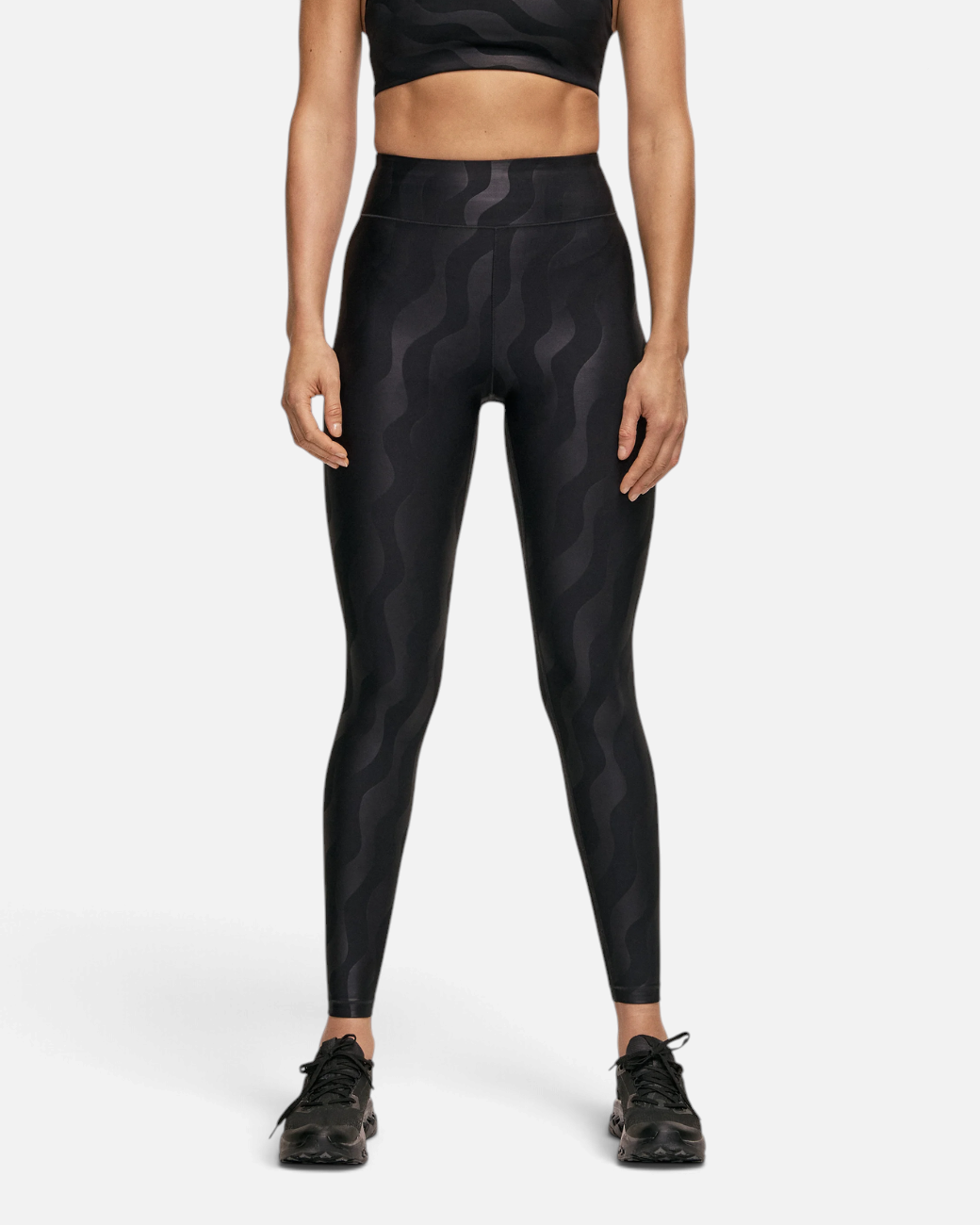 greenyogashop schwarze High Waist Trainingsleggings mit grafischem Ton-in-Ton-Muster und formendem Funktionsstoff