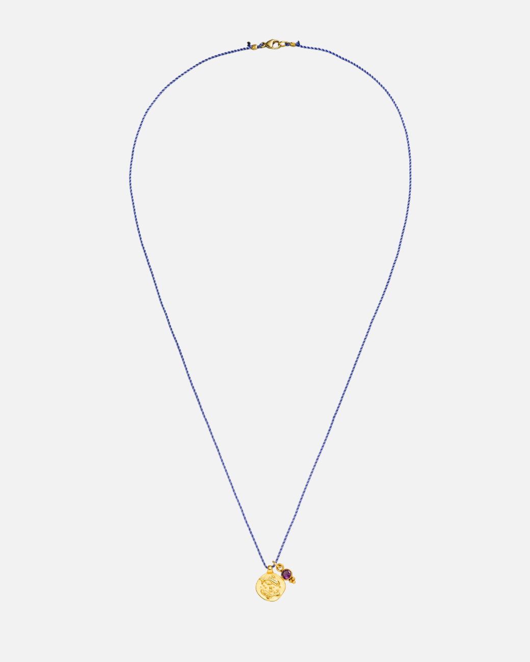 greenyogashop Sternzeichen Kette Fische aus vergoldetem Sterlingsilber mit Amethyst an blauer Schnur
