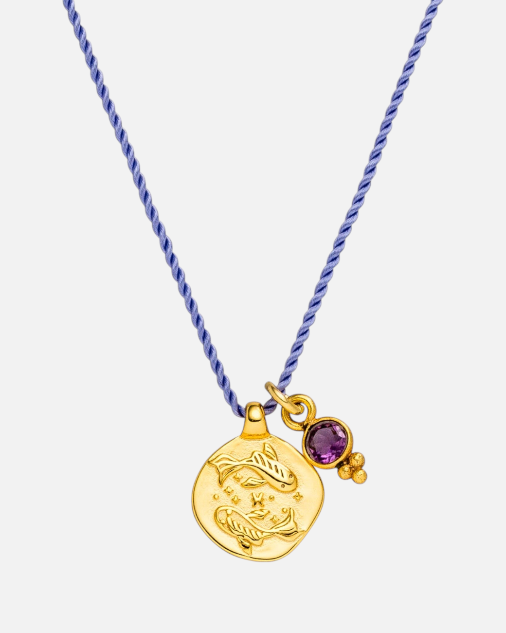 greenyogashop Sternzeichen Kette Fische aus vergoldetem Sterlingsilber mit Amethyst an lila Schnur