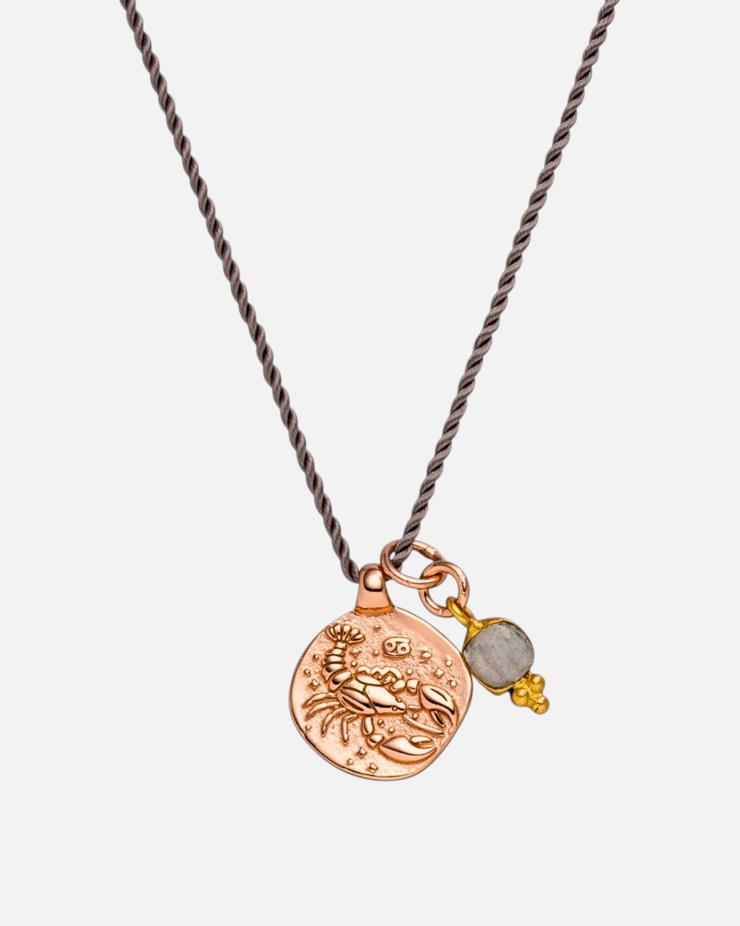 greenyogashop Sternzeichen Kette Krebs aus vergoldetem Sterlingsilber mit Mondstein Anhänger an grauer Schnur