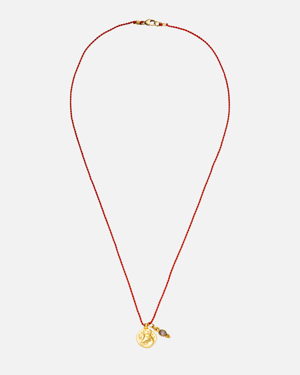 greenyogashop Sternzeichen Kette Stier aus vergoldetem Sterlingsilber mit roter Schnur und kleinem Rosenquarz