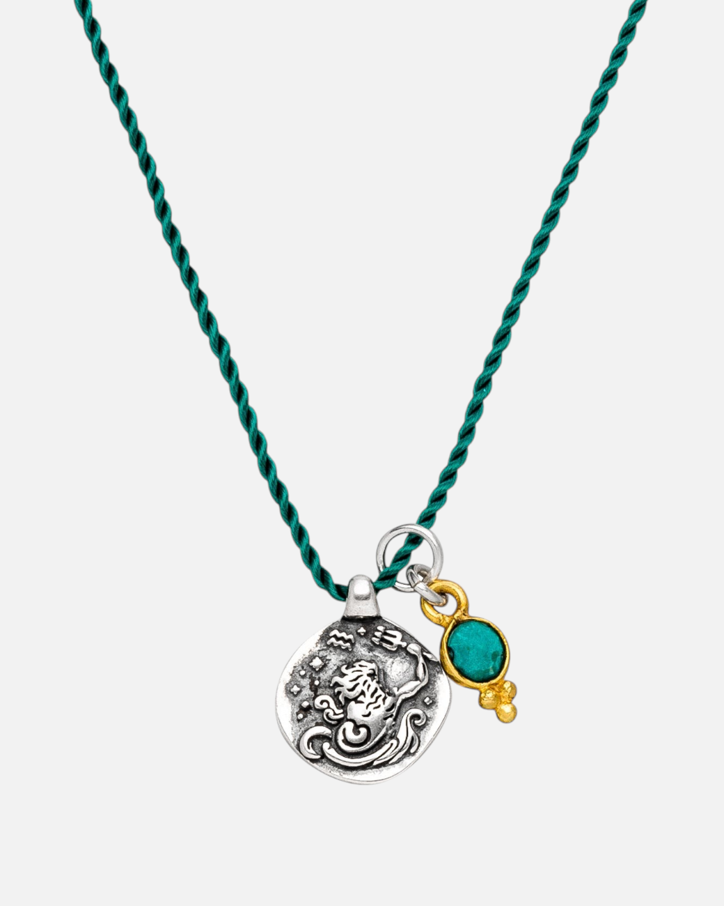 greenyogashop Sternzeichen Kette Wassermann aus Sterlingsilber mit Türkis an grüner Schnur, handgefertigt in Hamburg