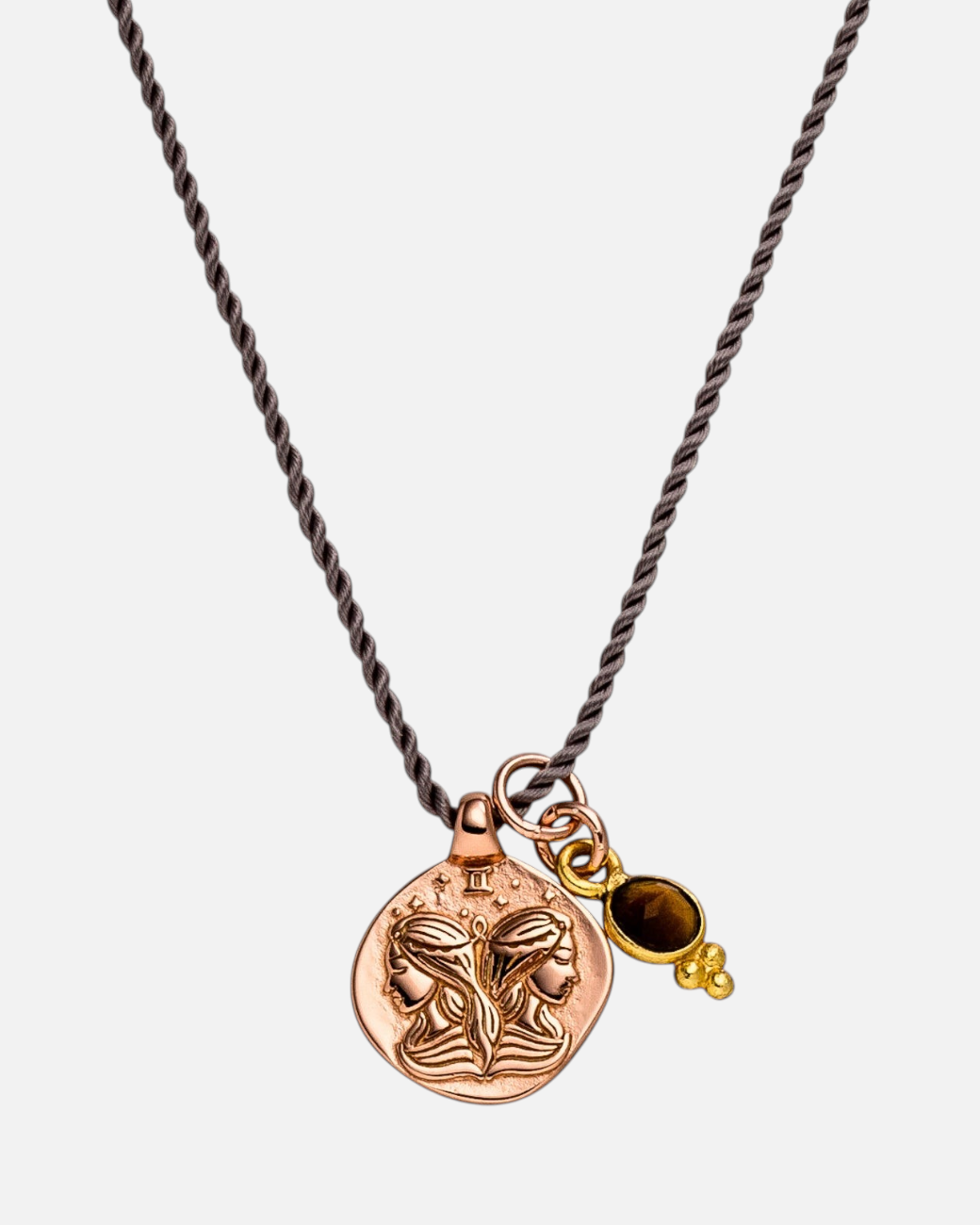 greenyogashop Sternzeichen-Kette Zwillinge aus vergoldetem Sterlingsilber mit Tigerauge-Anhänger an dunkler Schnur