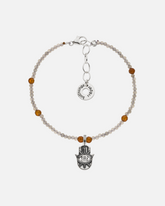 greenyogashop Schutzarmband Hamsa Intuition aus Sterlingsilber mit Bergkristall, Labradorit und Granat Edelsteinen