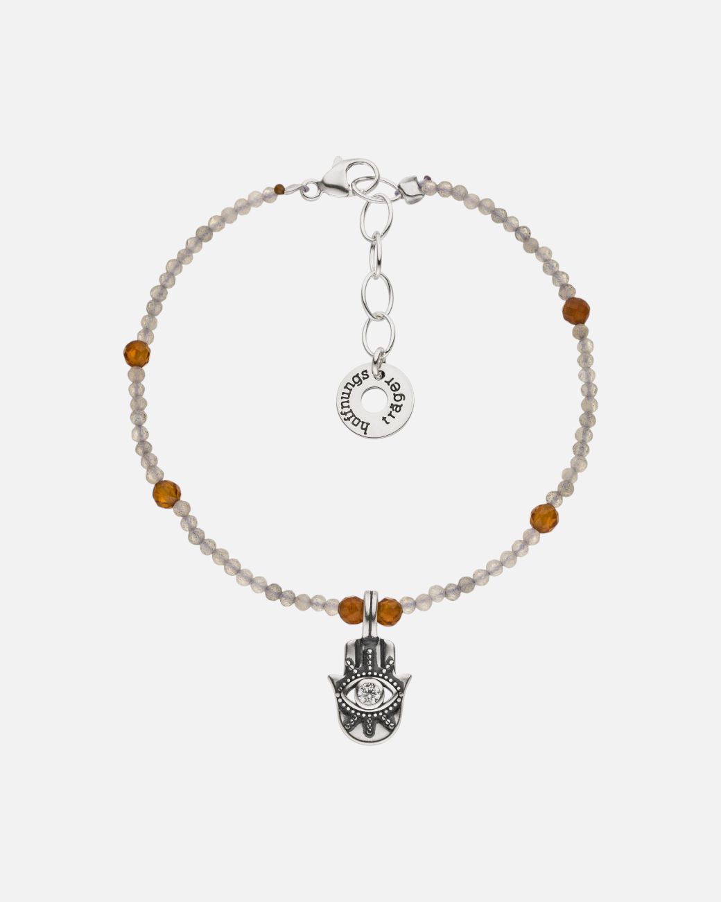 greenyogashop Schutzarmband Hamsa Intuition aus Sterlingsilber mit Bergkristall, Labradorit und Granat Edelsteinen
