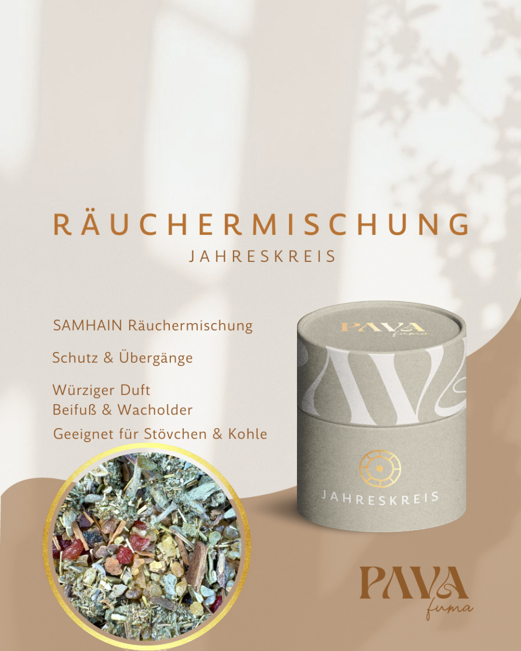 greenyogashop Samhain Räuchermischung mit Beifuß und Wacholder in runder Dose für Rituale und spirituelle Reinigung