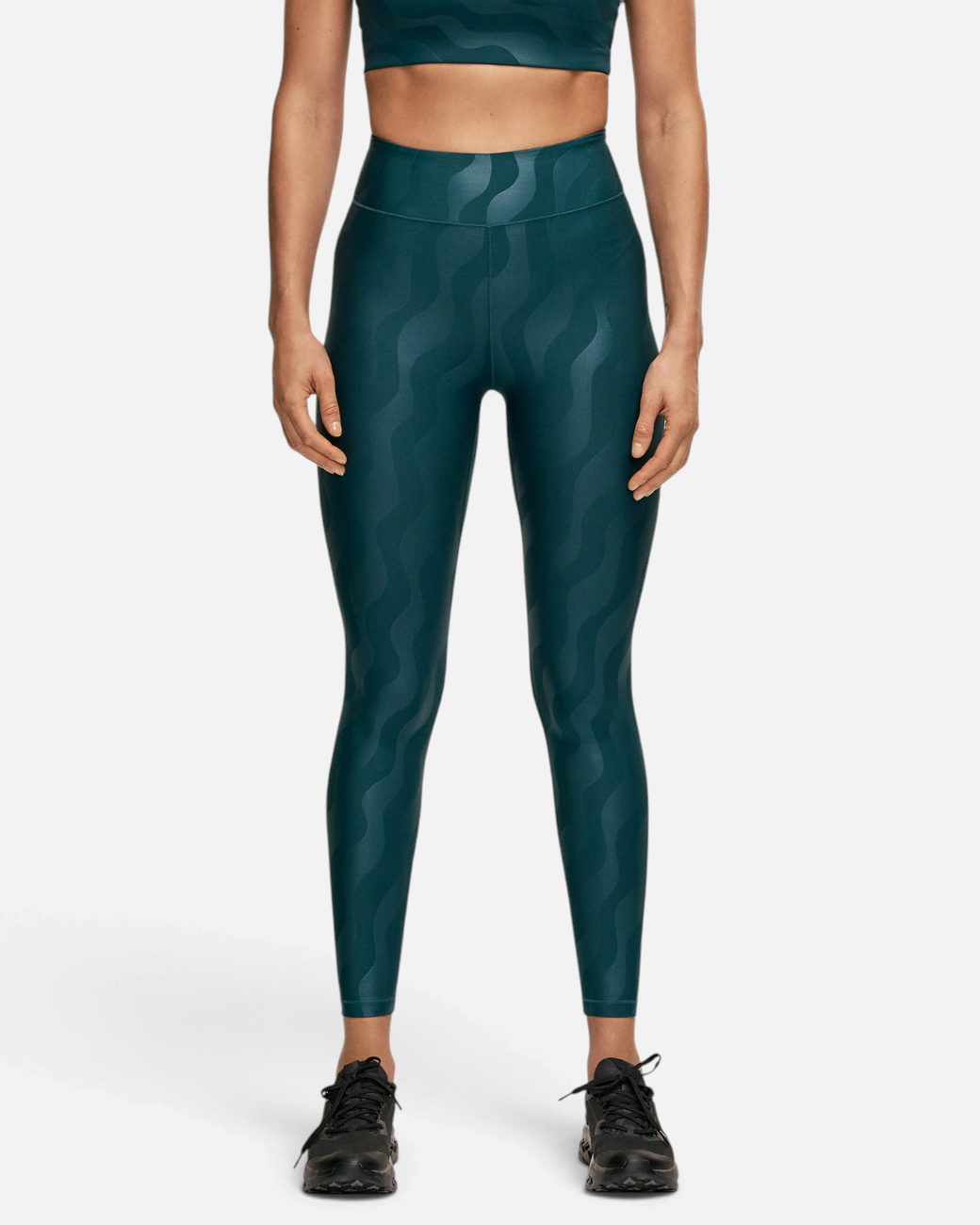greenyogashop High Waist Trainingsleggings in Dunkelgrün mit grafischem Ton-in-Ton-Muster und formendem Effekt