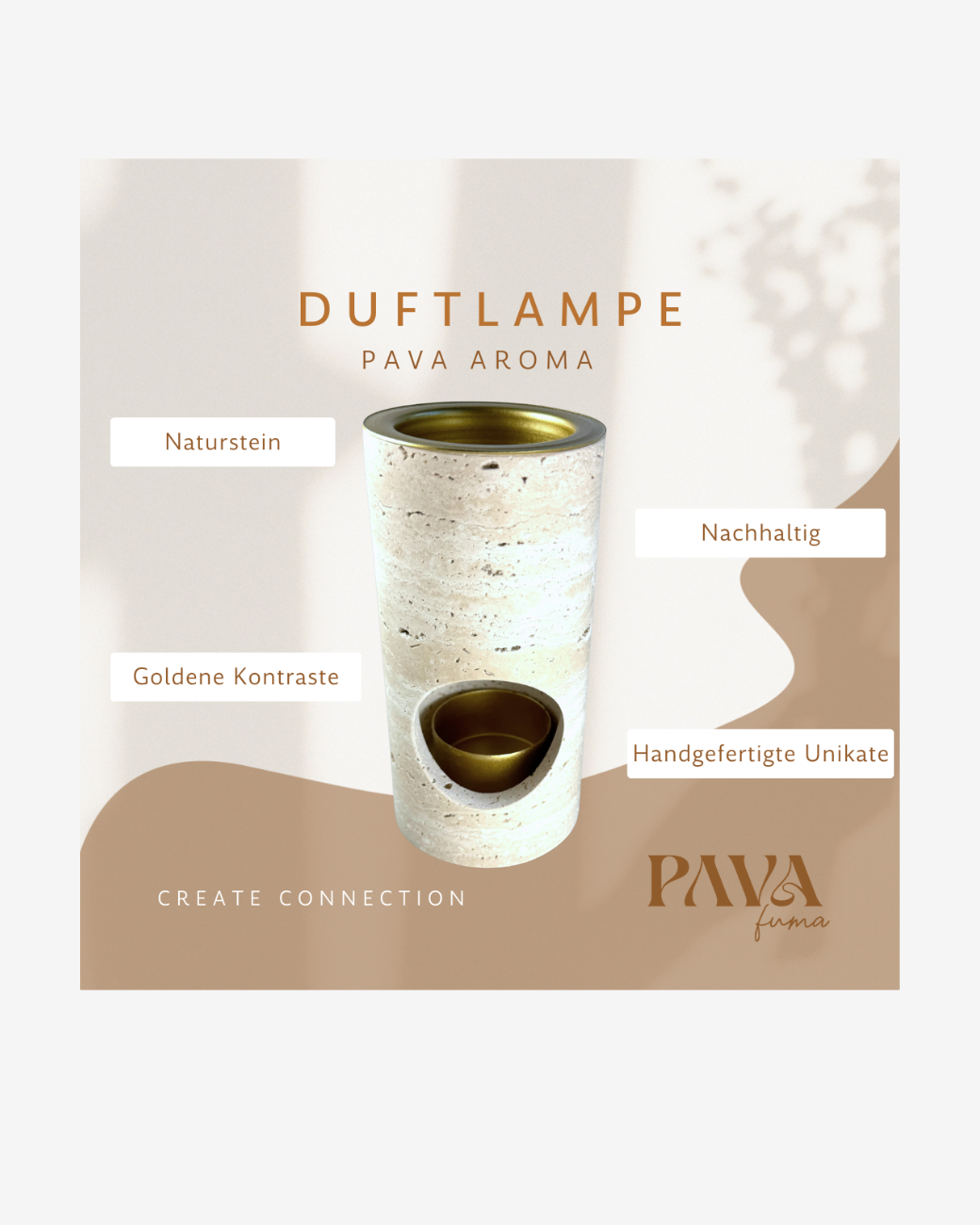 greenyogashop PAVA AROMA Duftlampe aus beigem italienischem Travertin mit elegantem mattgoldenem Messingeinsatz