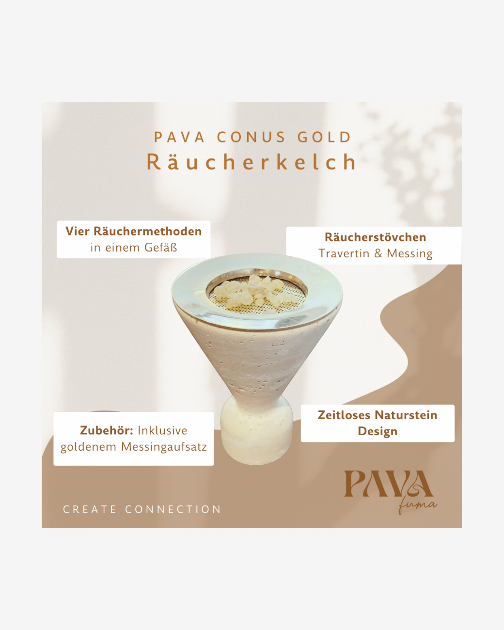 greenyogashop PAVA CONUS Räucherkelch aus beigem Travertin mit goldenem Messingaufsatz für Räucherrituale