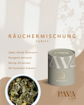 greenyogashop Purify Räuchermischung mit weißem Salbei, Beifuß und Weihrauch in einer grauen Dose