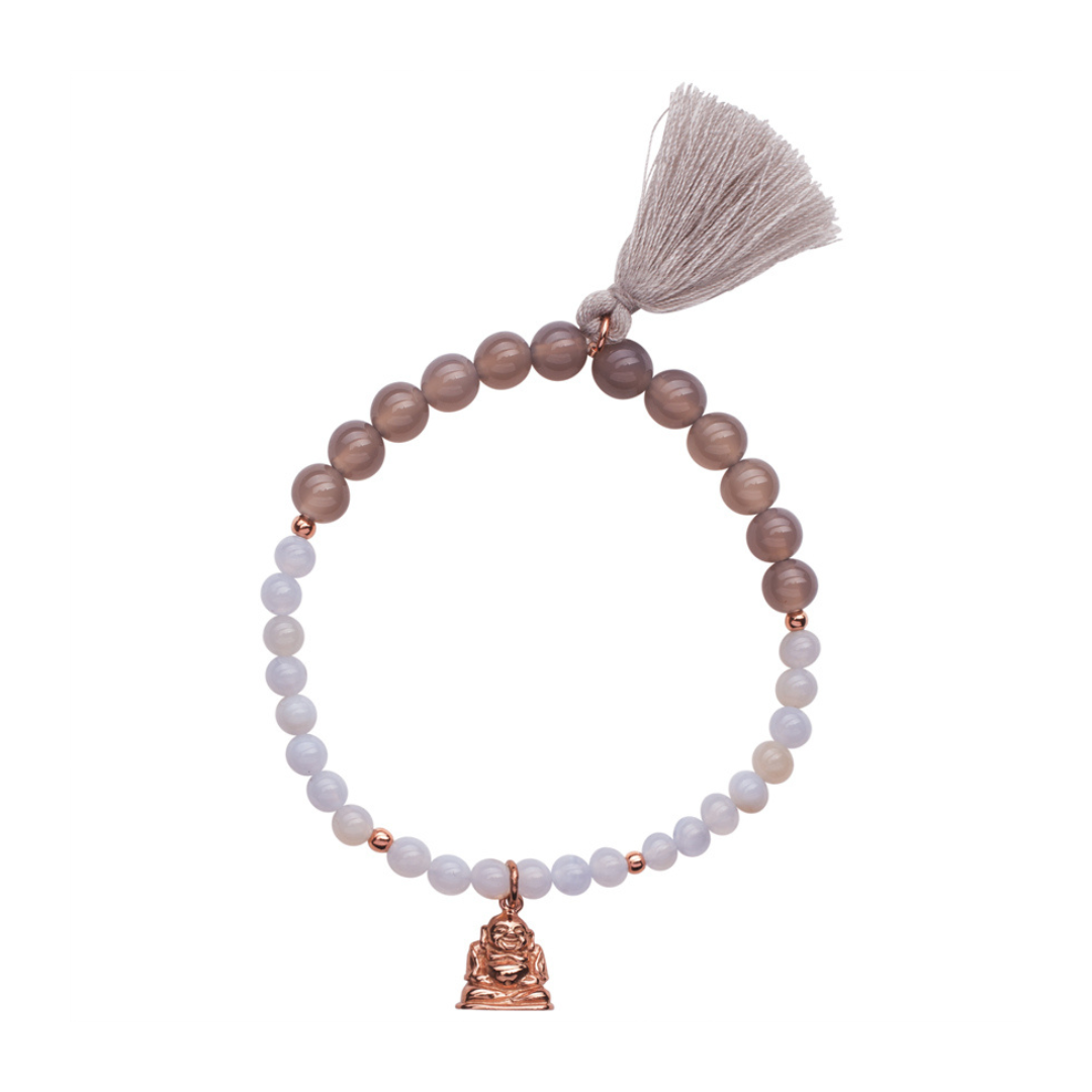 Edelstein Mala Armband mit hellgrauen Achaten und Chalcedon Steinen und Buddha Glücksbringer Anhänger.