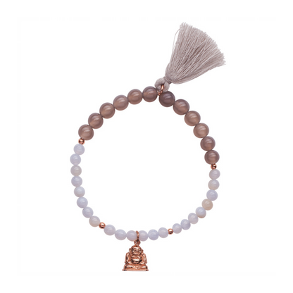 Edelstein Mala Armband mit hellgrauen Achaten und Chalcedon Steinen und Buddha Glücksbringer Anhänger.
