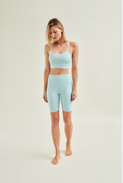 Sustainable yoga shorts in sea green for women, made with biodegradable elastane and no micro-shedding &amp; non-toxic