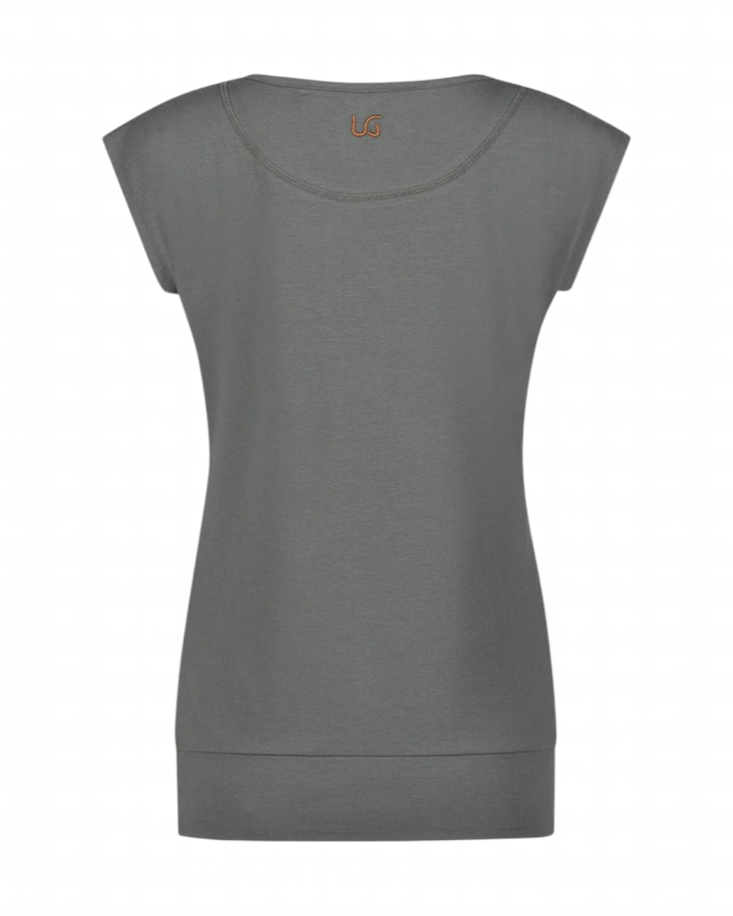 Rückansicht des greenyogashop Asana Tee in Jade aus weichem Bambus-Mix mit langem Bund und lockerer Passform