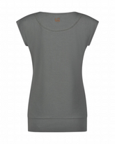 Rückansicht des greenyogashop Asana Tee in Jade aus weichem Bambus-Mix mit langem Bund und lockerer Passform