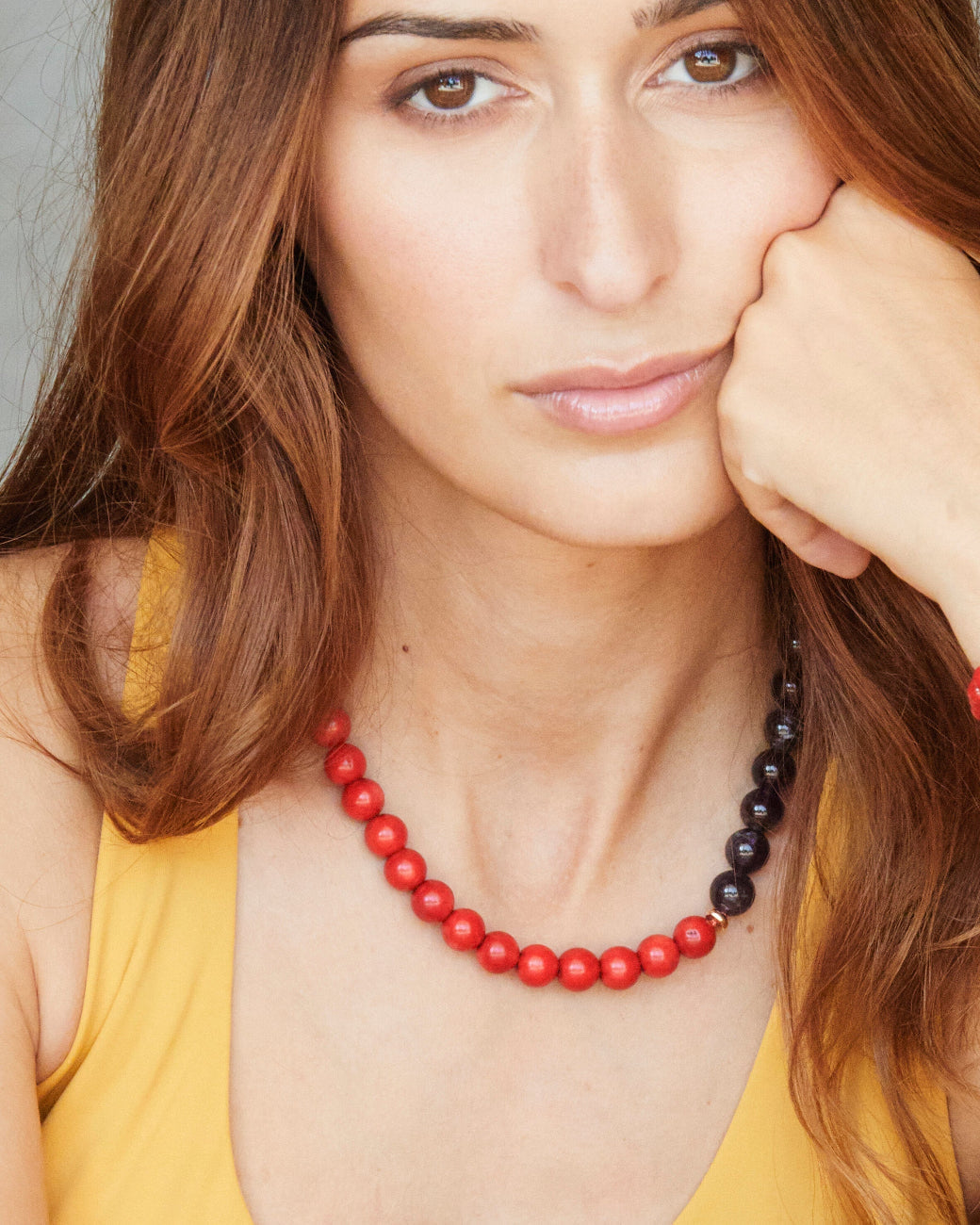 Edelstein Kette „Amethyst &amp; Koralle“ – Detailansicht – Hoffnungsträger