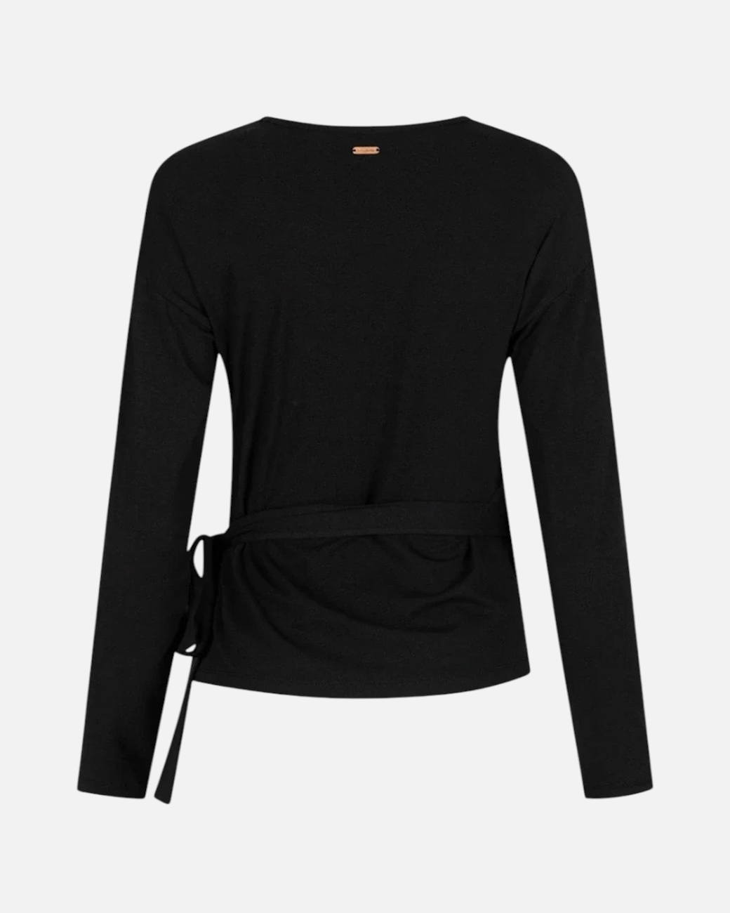 greenyogashop Aurora Wickeljacke in Onyx Schwarz aus weichem Bambus-Mix mit Bindeband in der Rückenansicht