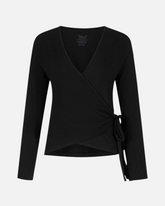 Schwarze Aurora Wickeljacke von greenyogashop aus weichem Bambus-Mix mit Bindeband für Yoga und Pilates