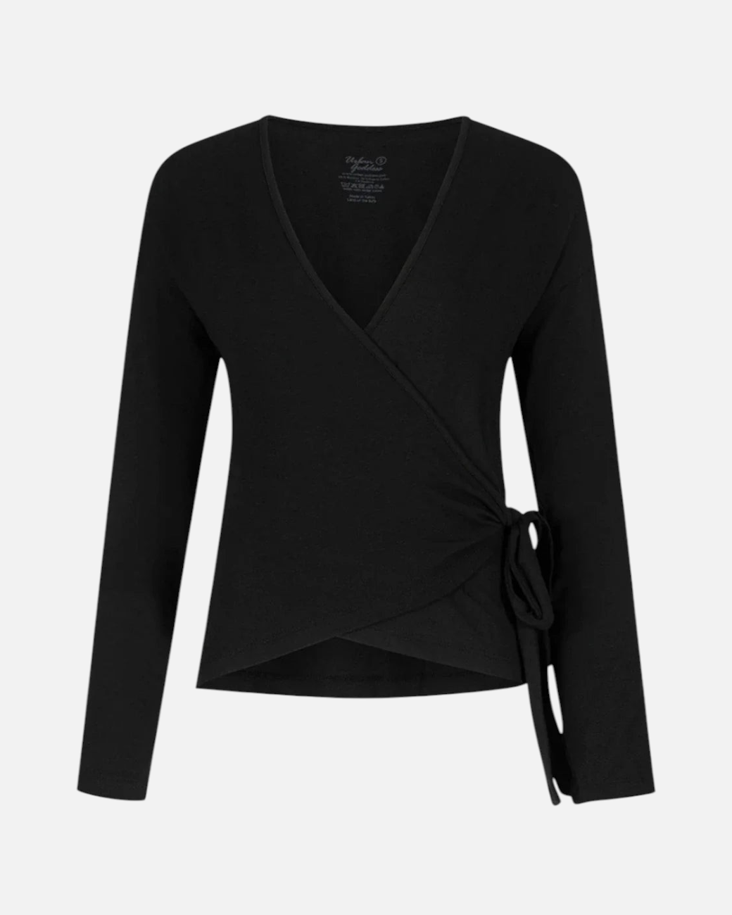 Schwarze Aurora Wickeljacke von greenyogashop aus weichem Bambus-Mix mit Bindeband für Yoga und Pilates