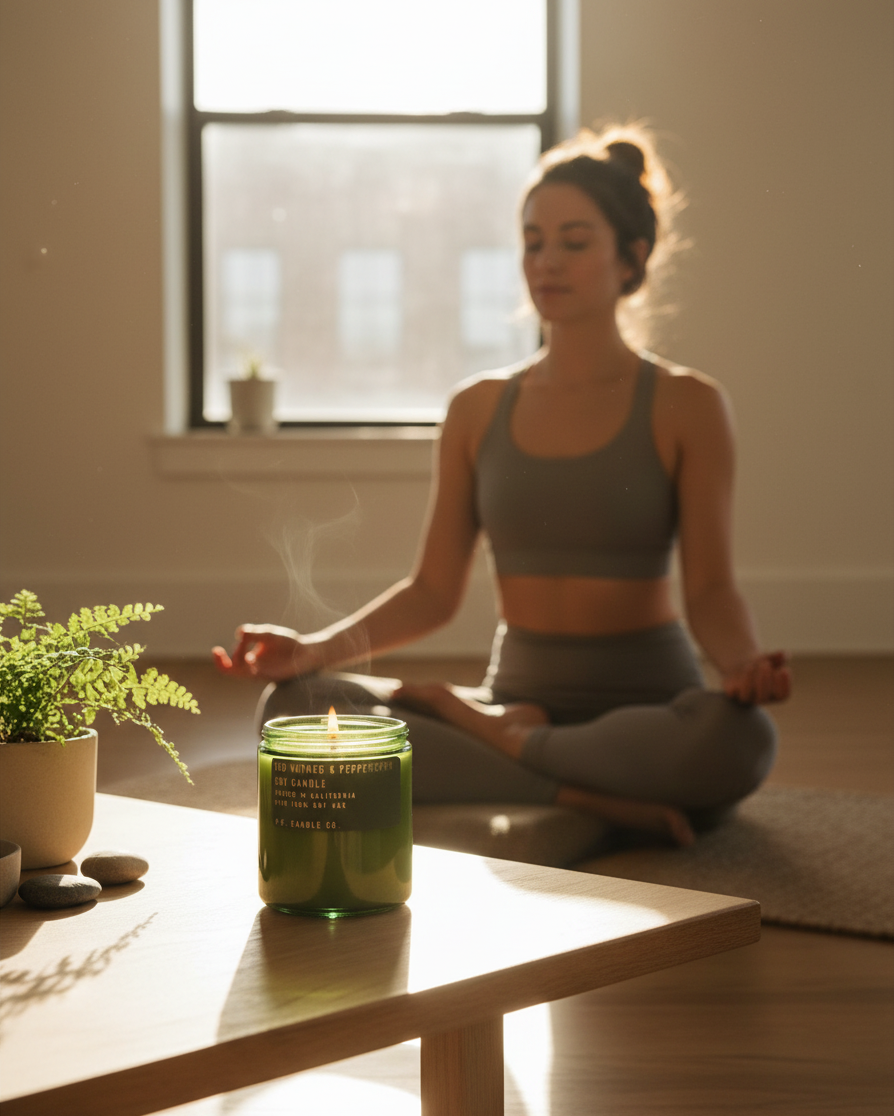 greenyogashop Duftkerze Red Nutmegg and Peppercorn im grünen Glas mit Messingdeckel während einer Yoga-Meditation
